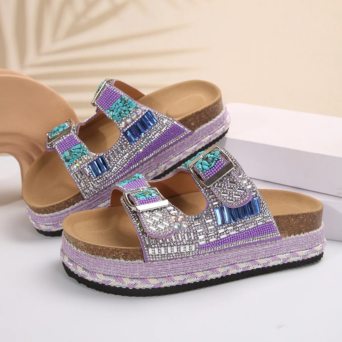 Women's Bohemian Wedge Platform Slippers Rhinestone Double Buckle Beach Sandals PU Leather Hemp Braid Casual Summer Shoes