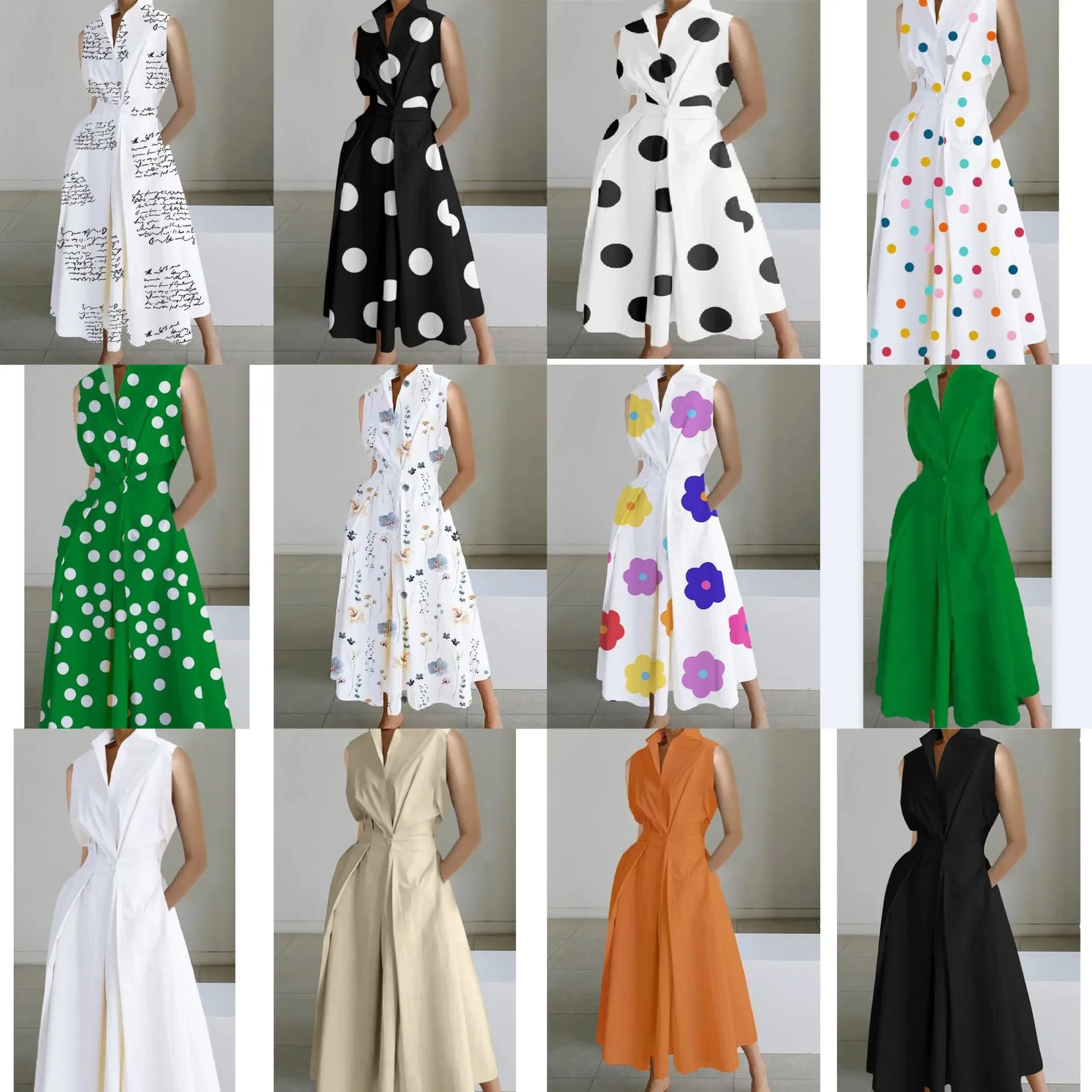 Women Summer Sleeveless V Neck Button Midi Dress Polka Dot Floral Fishtail Hem Commuter Casual Dress For Women