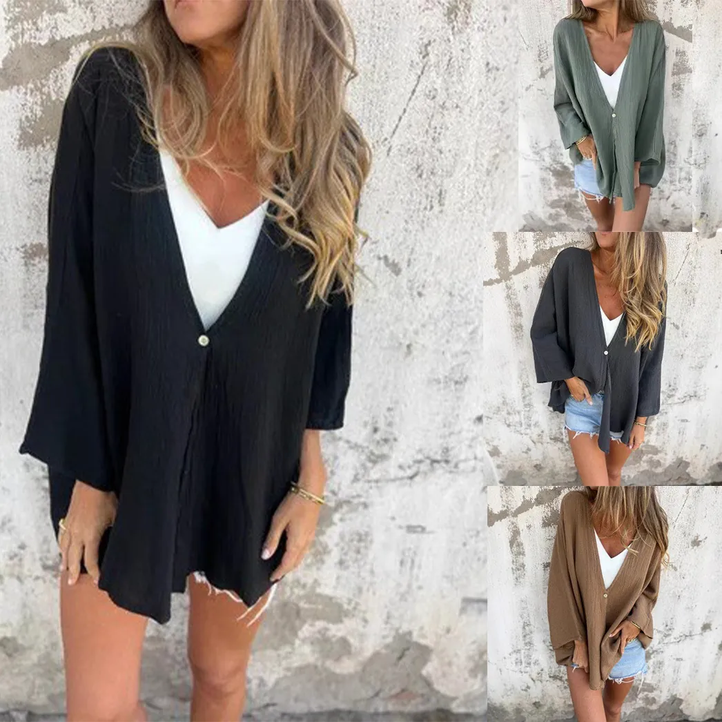 Women V-Neck Polyester Cardigan Top Solid Color Loose Long Sleeve Open Front Crinkle Shirt For Casual Daily Commute