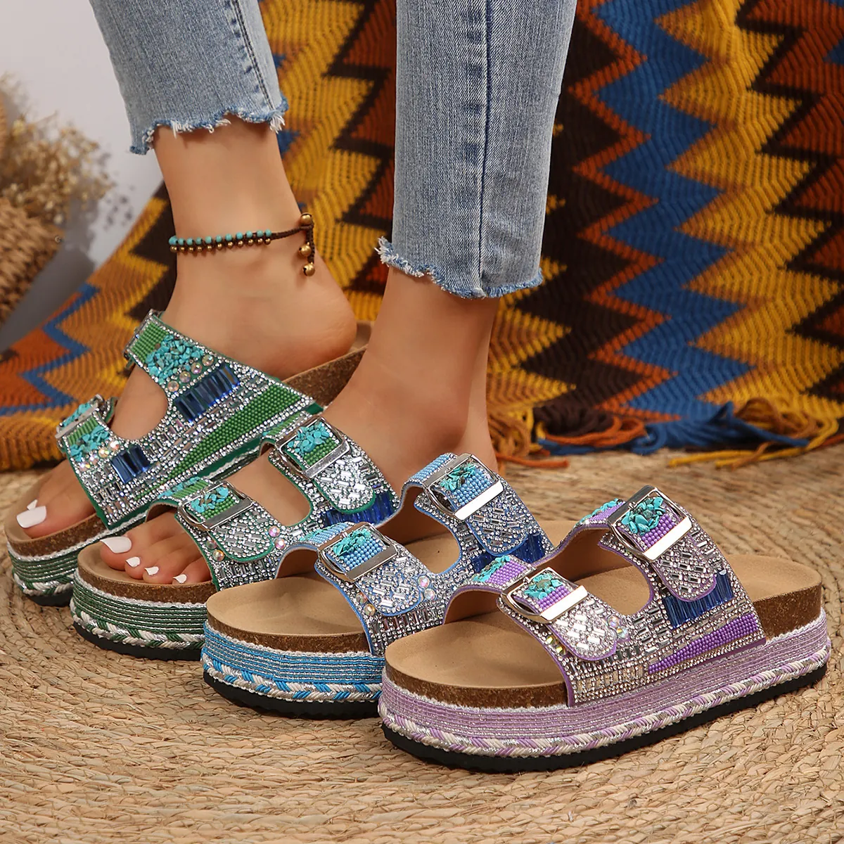 Women Bohemian Rhinestone Platform Cork Slippers Double Buckle Beach Sandals Thick Sole PU Leather Jeweled Mules Comfort Summer Shoes