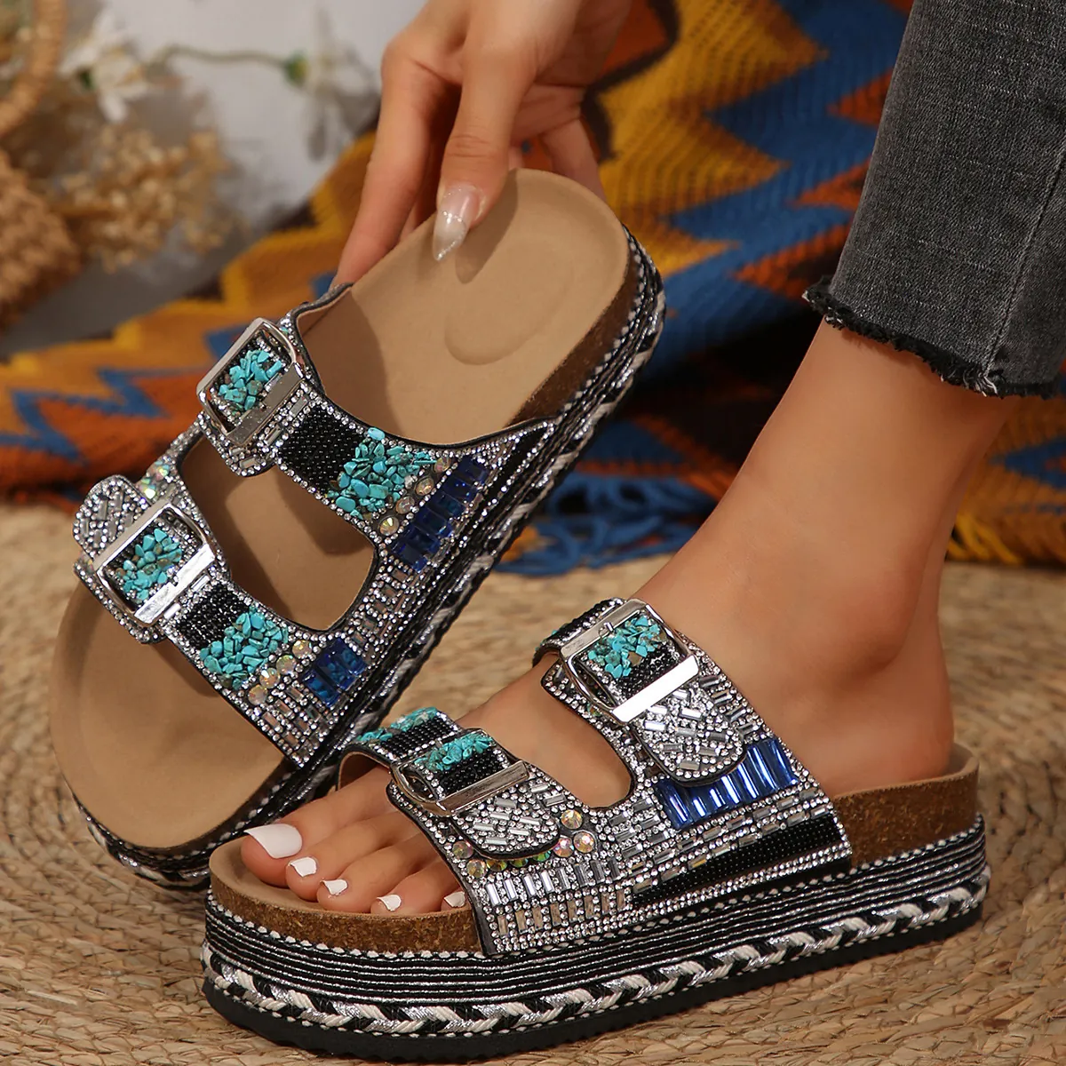 Bohemian Rhinestone Cork Slides For Women Summer Beach Platform Slippers Double Buckle Sandals With Braided Hemp Rope Edge