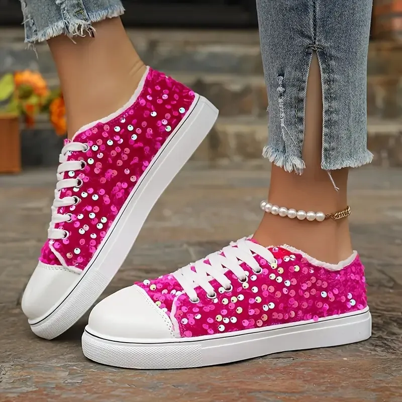 Baskets en Toile à Paillettes avec Imprimé Crâne pour Femmes Chaussures Plates Décontractées à Lacets Semelle Blanche