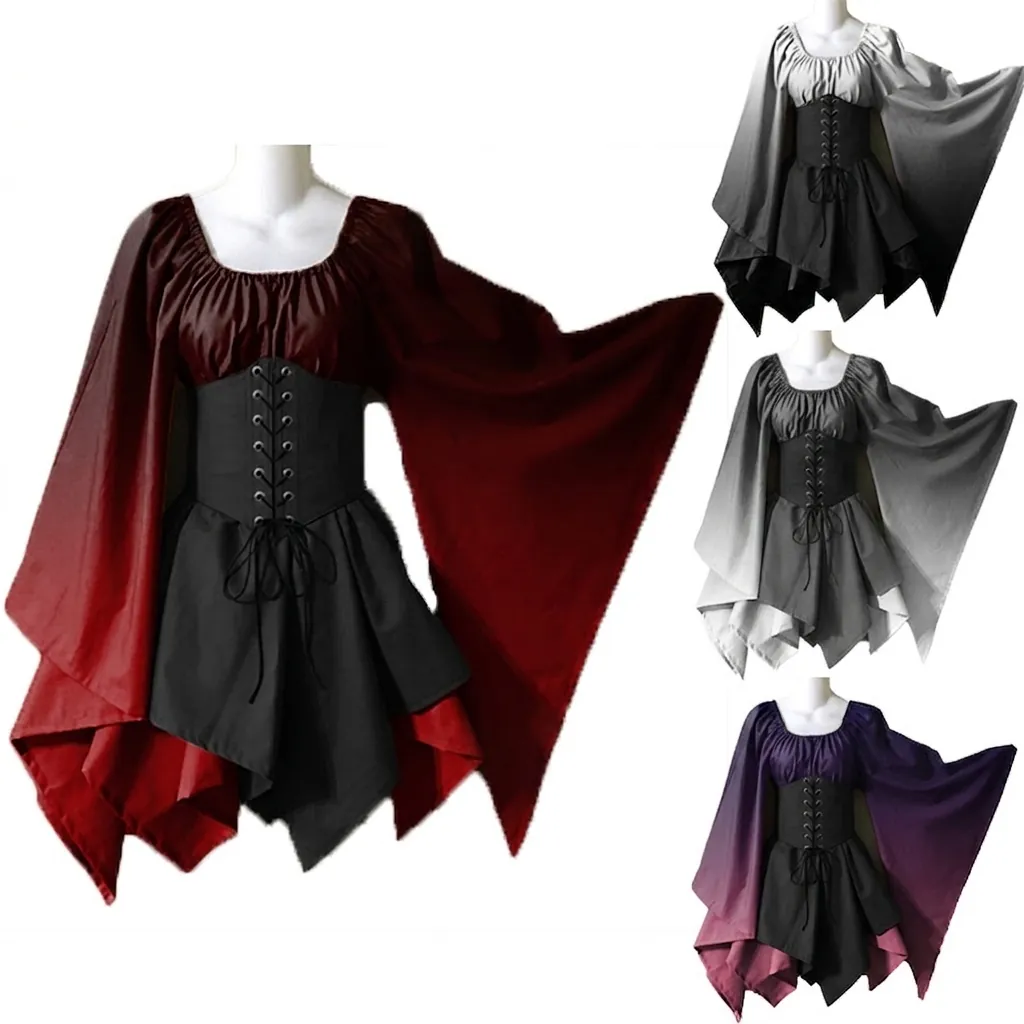 Abito da Donna Medievale Rinascimentale Gotico Costume di Halloween Manica a Campana Corsetto Vita Sfumatoper Performance