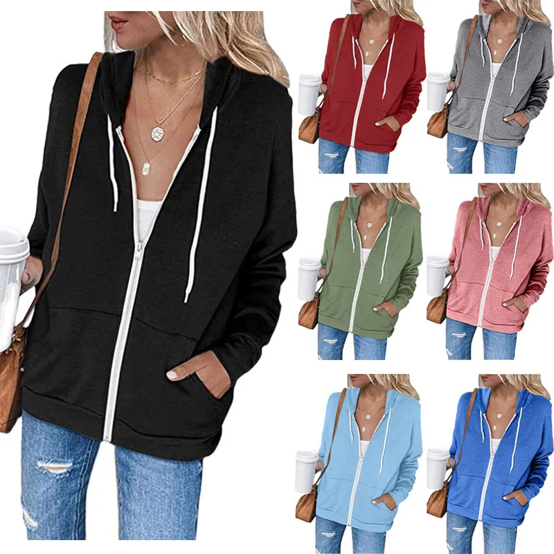 Women Casual Solid Color Hooded Zipper Hoodie Thickened Sweatshirt Cardigan With Pockets Drawstring Long Sleeve Outerwear Top