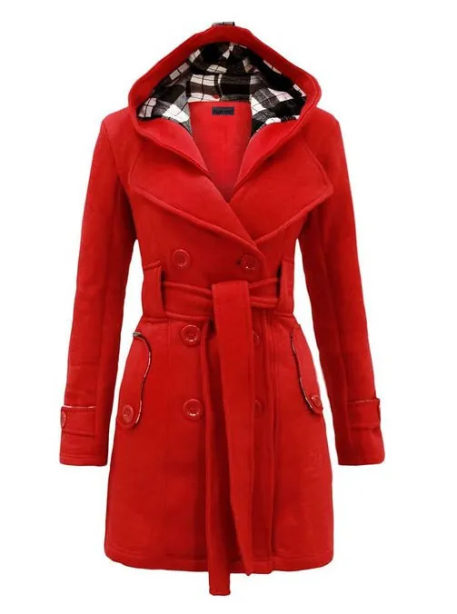 Women's Plaid Hooded Woolen Trench Coat Double Breasted Mid Length Outerwear With Belt Vintage Polyester Overcoat