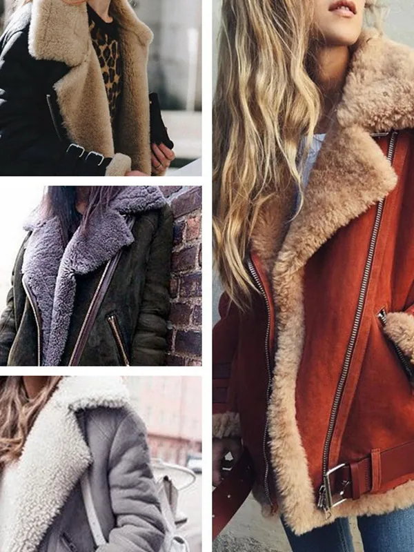 Women's Moto Faux Suede Jacket Sherpa Lined Faux Shearling Lapel Collar Biker Coat With Mulberry Silk Padding Winter Padded Outerwear