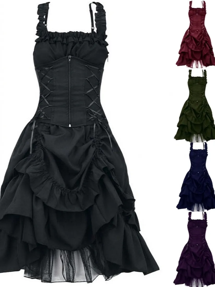 Women Gothic Lolita Dress Corset Irregular Hem Lace Ruffle Cosplay Prom Gown Retro Medieval Steampunk Party Dress
