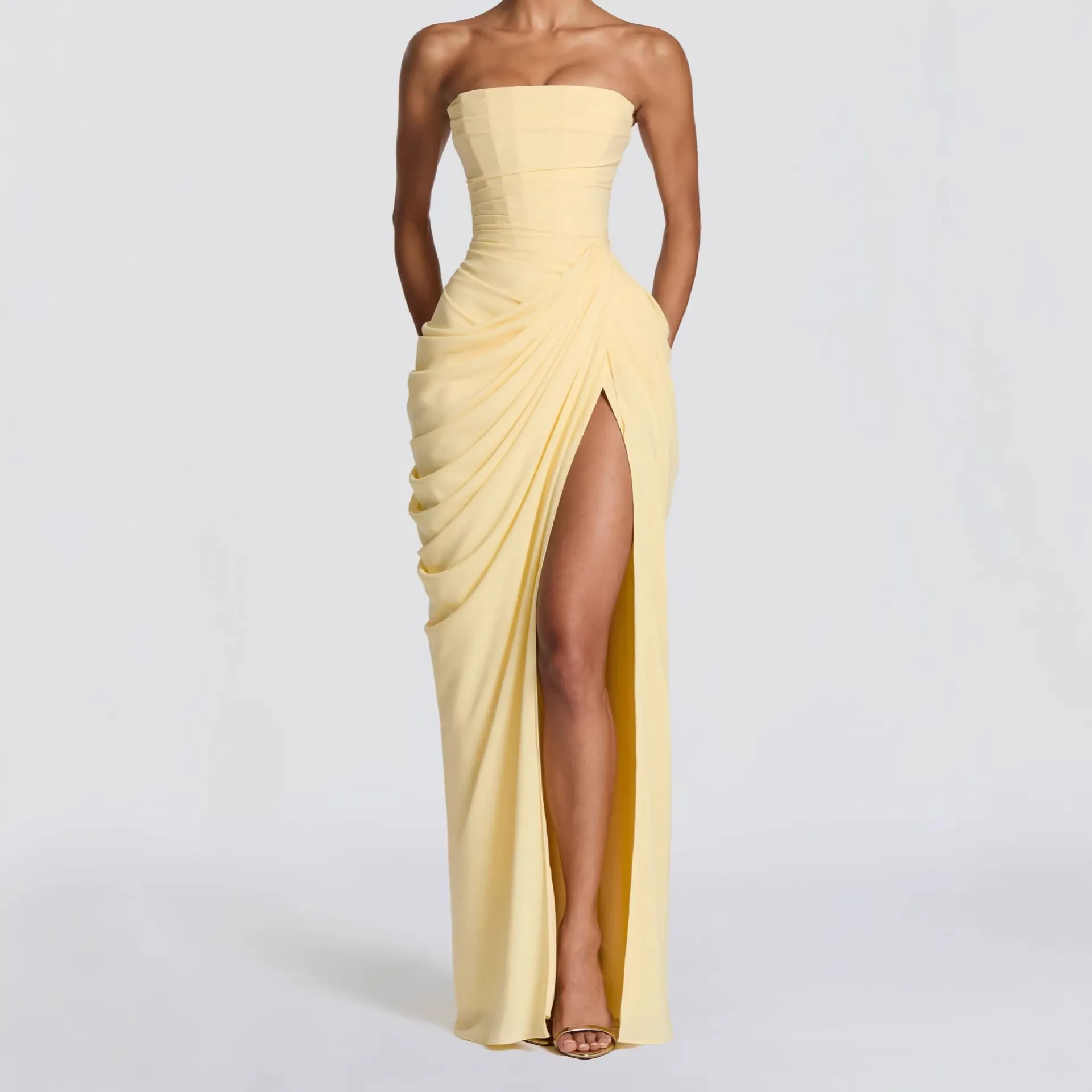 Women Sexy Strapless Ruched Maxi Dress High Slit Elegant Party Evening Dress Solid Color Draped French Style Bodycon Long Dress
