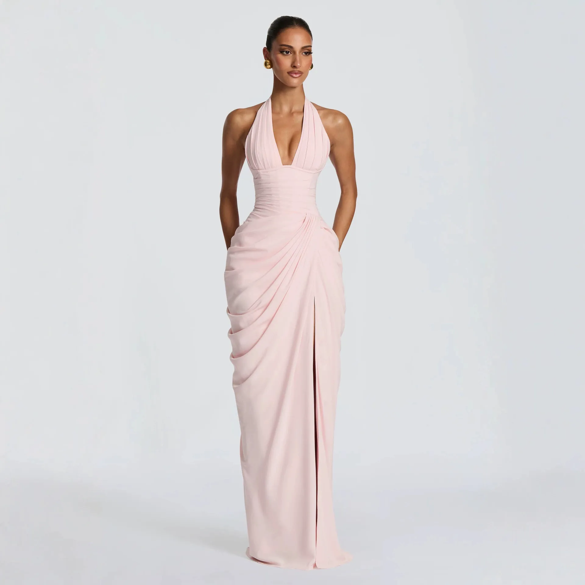 Women Halter V-Neck Ruched Evening Gown Sexy High Slit Sleeveless Maxi Dress For Party Banquet Summer Elegant Lady Clothing