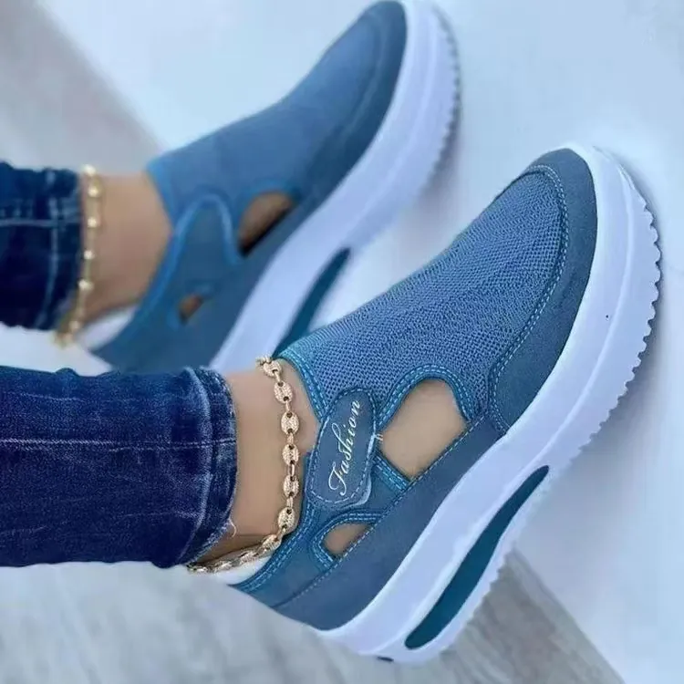 Women Fly-Woven Mesh Casual Shoes Platform Wedge Hollow Velcro Round Toe Breathable Comfortable Sporty Sneakers For Summer Daily Wear
