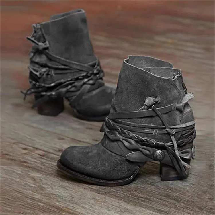 Women Vintage Western Style Chunky High Heel Ankle Boots PU Leather Round Toe Back Zipper Retro Short Boots for Winter