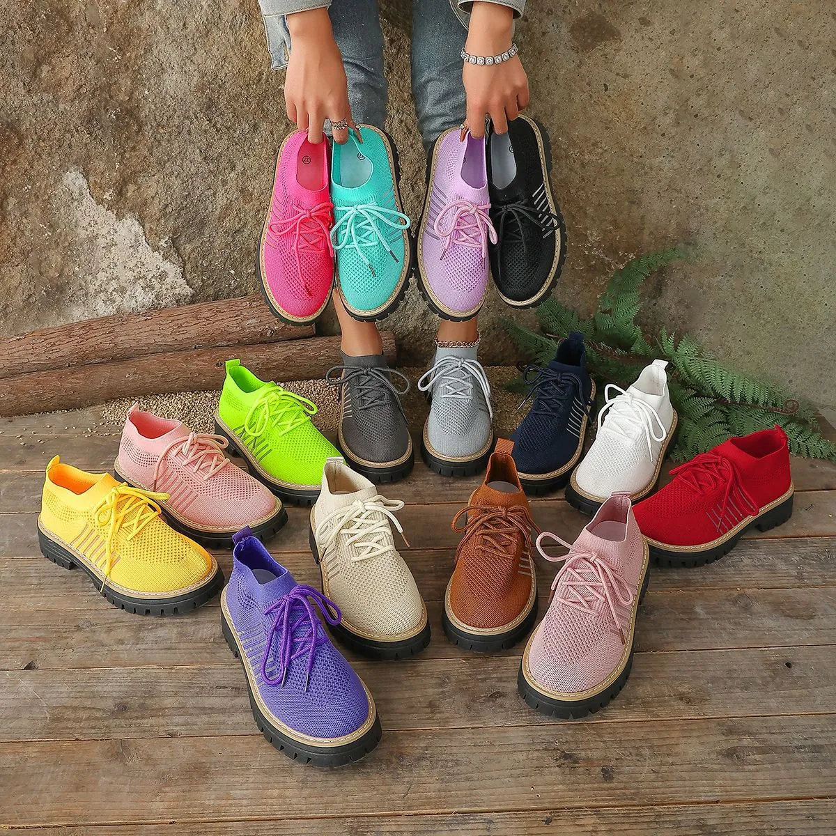 Women Flyknit Lace Up Platform Sneakers Breathable Comfortable Casual Shoes Lightweight Thick Sole Walking Shoes Spring Fashion