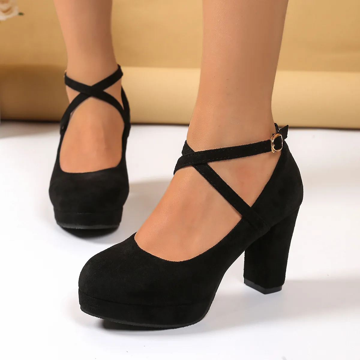 Décolleté da Donna in Camoscio con Tacco Largo Platform Cinturino Incrociato Scarpe Mary Jane Tinta Unita Punta Arrotondata