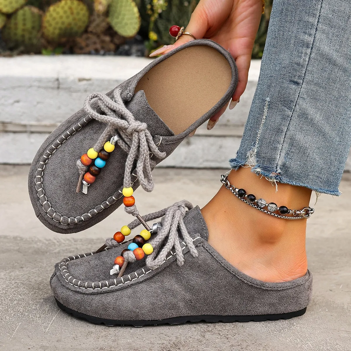 Women Suede Platform Mules Beaded Bohemian Closed Toe Slippers Thick Sole Casual Slip On Loafers Outdoor Autumn Fashion Shoes