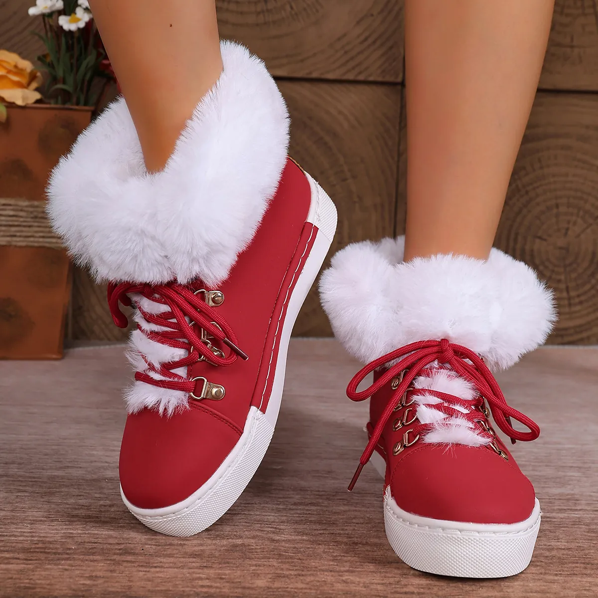 Women Winter Snow Boots PU Leather Thickened Warm Mid-Tube Faux Fur Trim Platform Lace-up Boots Outdoor Shoes for Ladies