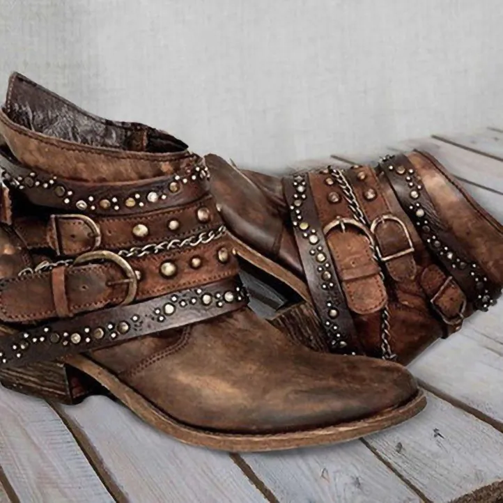 Women Vintage Punk Martin Boots PU Leather Rivet Belt Buckle Decoration Thick Heel Ankle Boots Side Zipper Casual Fashion Shoes