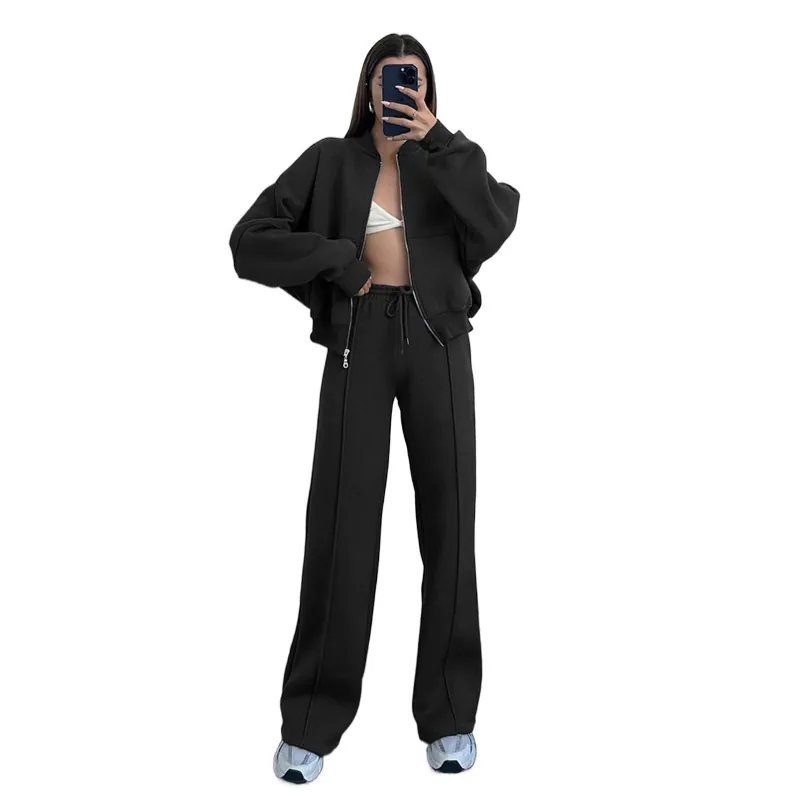 Femmes Décontracté Polyester Fermeture Éclair Sweat à Capuche Top And Bottom Sweat-shirt Ample Vêtements d'Extérieur Pantalon Large Lounge Wear