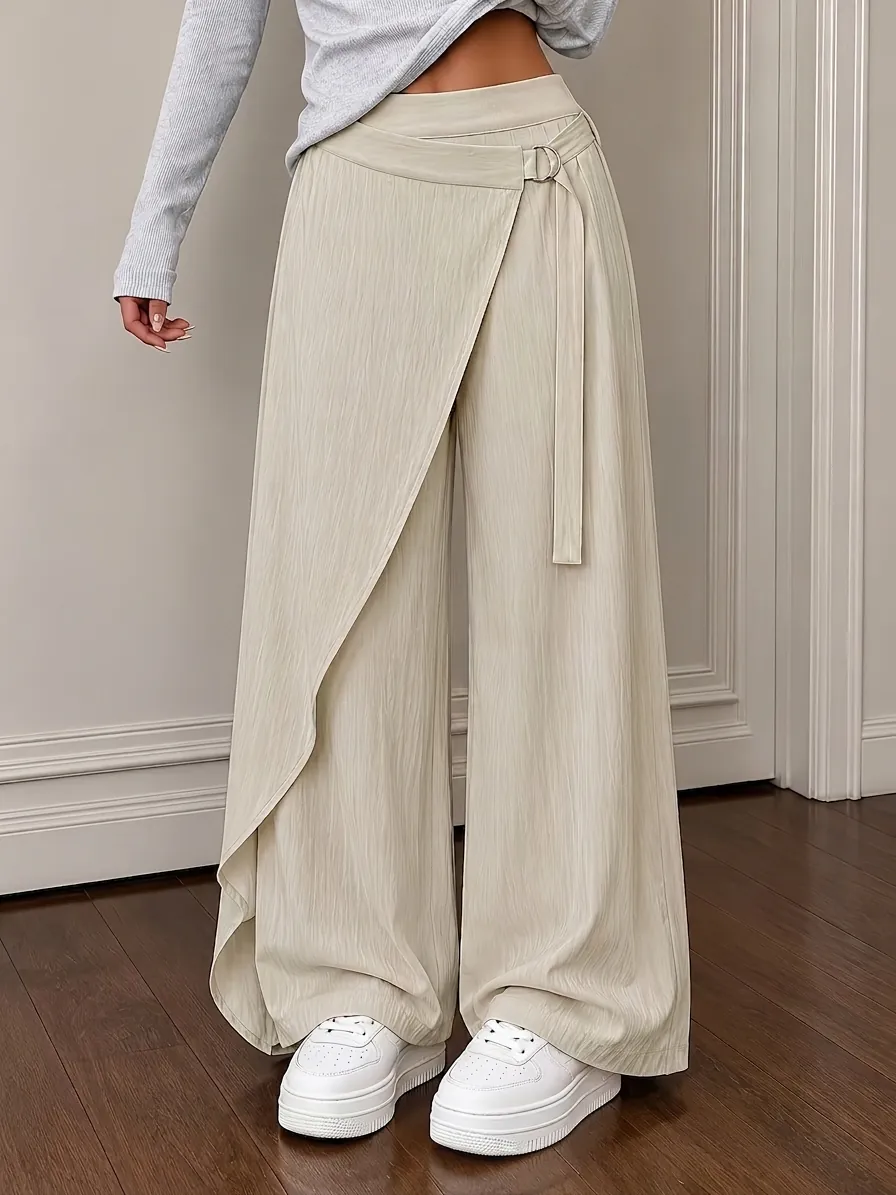 Women High Waist Wide Leg Pants Elegant Asymmetric Wrap Front With Metal Buckle Polyester Solid Color Straight Leg Trousers Bottom