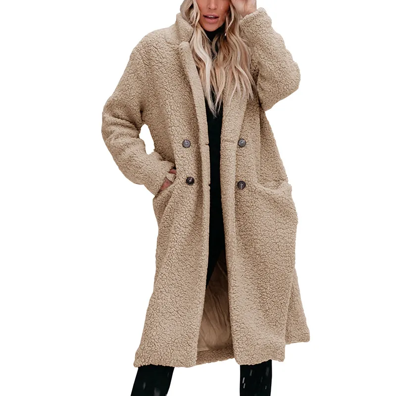 Women Fashion Solid Color Teddy Coat Long Sleeve Lapel Buttons Thick Warm Polyester Overcoat Outerwear Top
