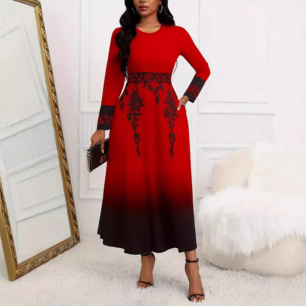 Vestito Maxi da Donna Taglie Forti con Stampa Floreale Sfumata Manica Lunga Girocollo Vita Alta Linea ad A in Poliestere