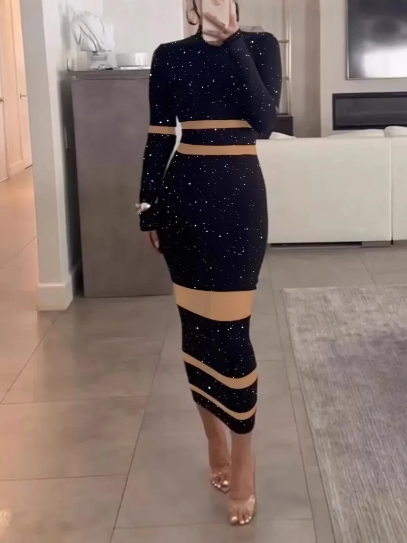Mock Neck Long Sleeve Bodycon Dress Striped Glitter Patchwork Sexy Slim Fit Midi Dress For Women Party Elegant Apparel