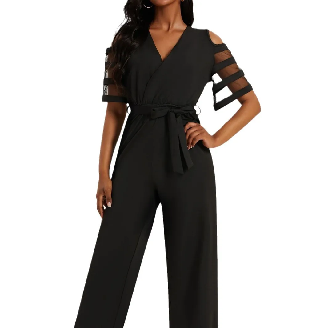 Tuta Intera da Donna Sexy Scollo a V Spalle Scoperte Vita Alta Cintura Gamba Larga Rete Cucito Poliestere Moda Casual Pantaloni Lunghi