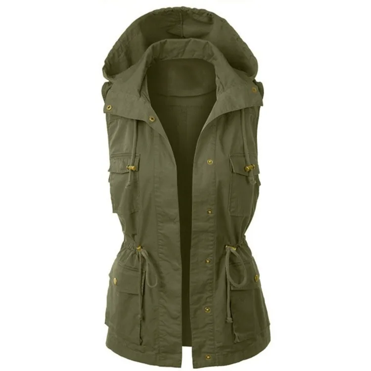 Gilet Cargo à Capuche pour Femmes Cordon de Serrage à la Taille Veste Sans Manches Rembourré Couleur Unie Outwear Haut de Mode