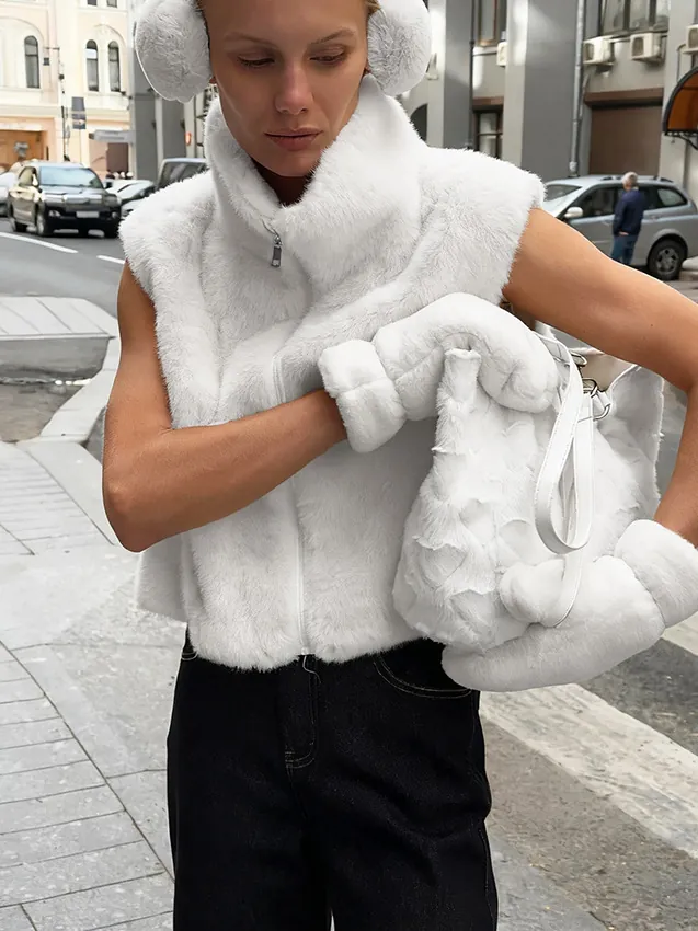 Women Faux Fur Vest Sleeveless Jacket High Neck Zipper Faux Mink Fur Solid Color Autumn Winter Plush Waistcoat Outerwear