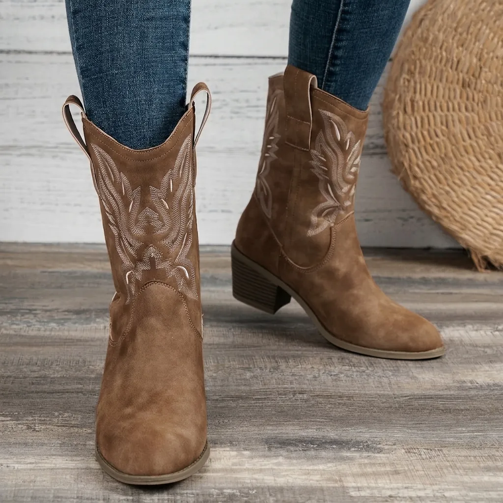 Western Cowboy Boots For Women Retro Embroidered Mid-Calf Knight Boots V-Cut Pointed Toe Chunky Heel Knight Boots Autumn Winter