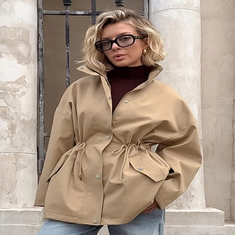 Trench-Coat Mi-Long pour Femme Style Barn Décontracté Taille à Cordon Coupe-Vent Kaki Vêtement d'Extérieur à Capuche Veste à Manches Longues