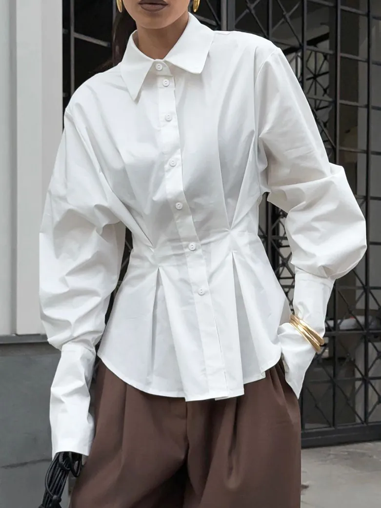 Court Style Cotton Shirt Women Pleated Waist Slim Fit Long Sleeve Lapel Blouse Elegant Vintage Top