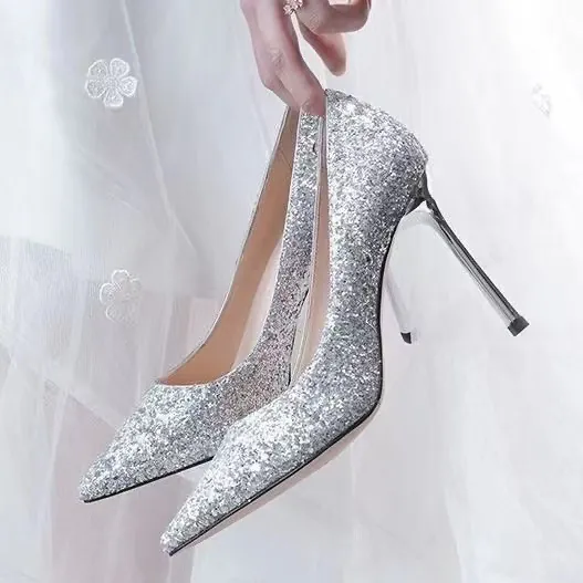 Women's Pointed Toe Sequin High Heels Stiletto Shallow Mouth Pumps PU Rubber Sole Sexy Party Banquet Shoes