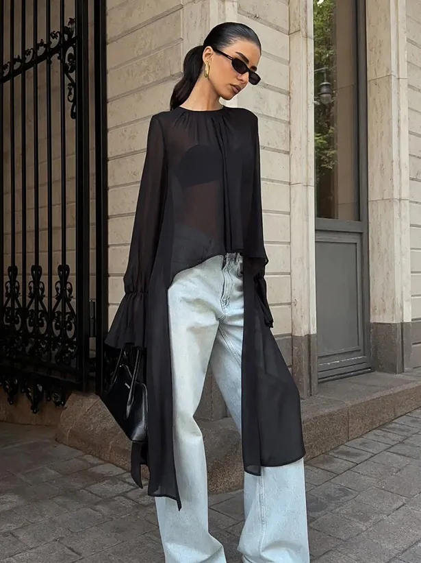 Dames Zwarte Mesh Chiffon Blouse Elegant Onregelmatige Zoom Ruffle Lange Mouwen Top Ronde Hals Sheer Patchwork Blouse