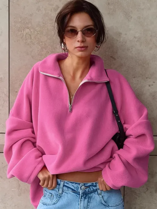 Damen Casual Rosa Polarfleece Halb Reißverschluss Hoodie Oversized Revers Langarm Sweatshirt Herbst Winter Mode Einfarbig Top