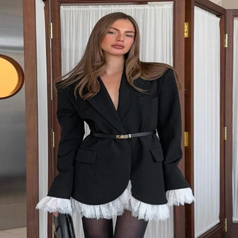 Women Elegant Black Blazer V Neck Lace Patchwork Stitched Long Sleeve Suit Jacket With Belt Formal Commuter Outerwear Top