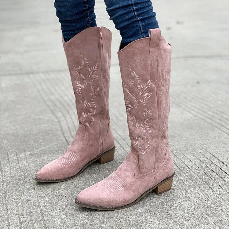 Bottes de Cowboy Western Brodées Vintage pour Femmes Ouverture en V Bout Pointu Talon Carré Mi-Mollet Bottes de Chevalier
