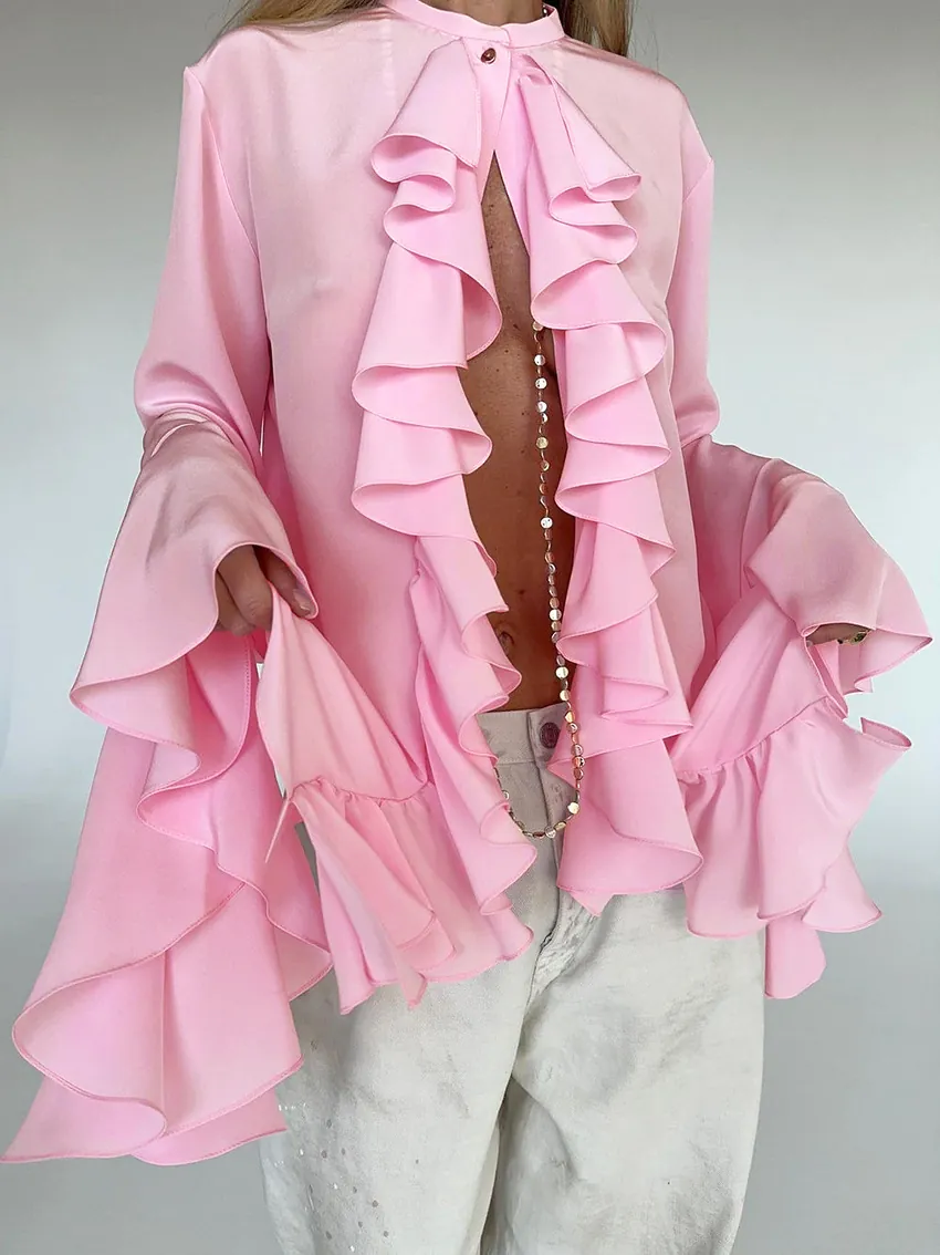 Blusa Elegante Francesa para Mujer con Volantes Color Sólido Manga Larga con Puños Acampanados Cuello Alto Top de Poliéster