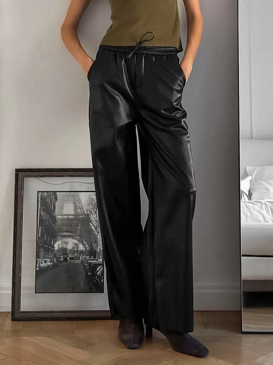 Pantalon Décontracté en Cuir PU à Taille Haute pour Femmes Doublé de Polaire Finition Mate Jambe Large Vintage Élégant Automne Hiver