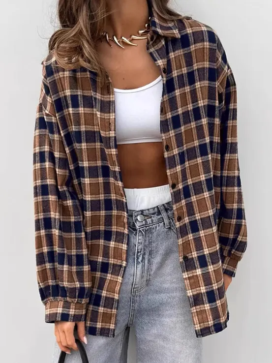 Women Casual Plaid Shirt Top Cotton Polyester Blend Long Sleeve Lapel Collar Oversized Button Down Cardigan Blouse Top