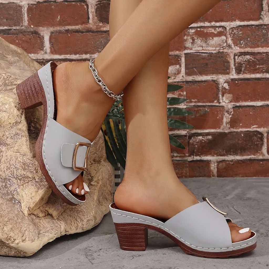 Women Summer Peep Toe High Heel Mules Fashion Square Buckle Block Heel Sandals Chunky Wood Grain Heel Casual Slippers