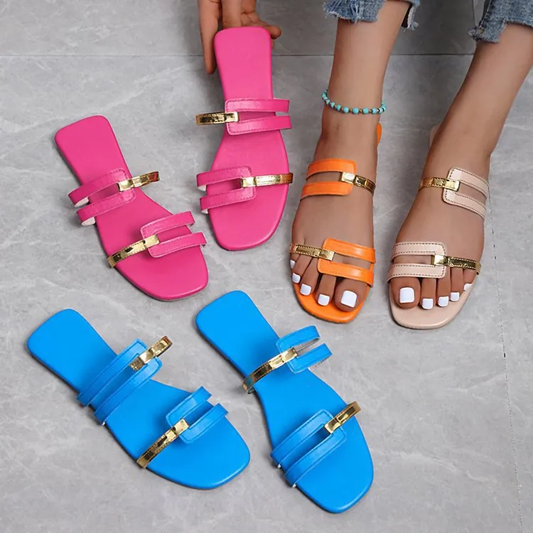 Women's Summer PU Leather Flat Slide Sandals With Metal Buckle Patchwork Fashion Slip On Slides Beach Slippers For Women