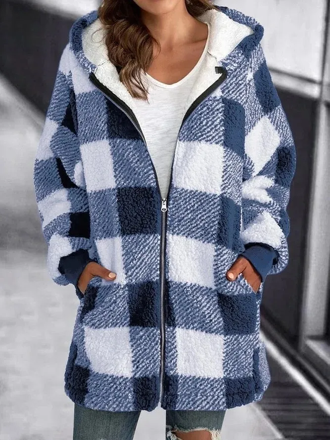 Women's Plaid Hooded Plush Jacket Loose Zipper Pocket Long Sleeve Fleece Coat For Winter Casual Warm Outerwear Top