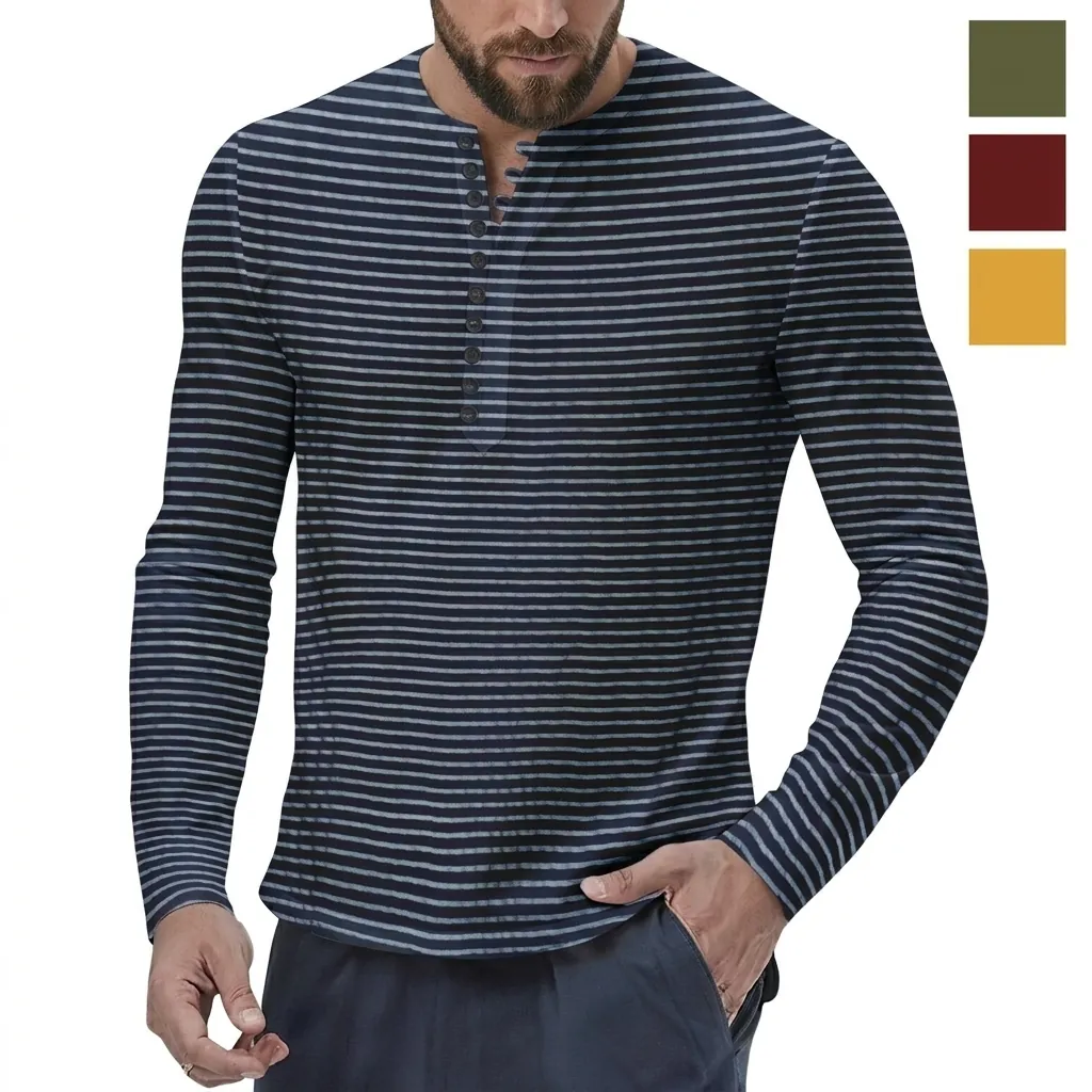 Men Henley Shirt Long Sleeve Striped T-Shirt Casual Polyester British Style Buttons Top For Autumn Winter Men Apparel