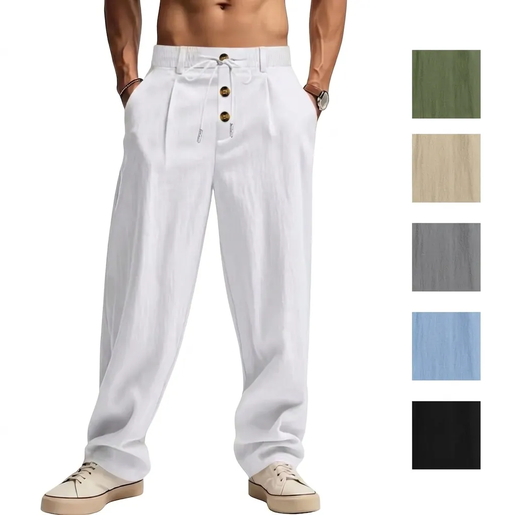 Men Casual Linen Pants Breathable Wide Leg Loose Drawstring Waist Trousers For Summer Vacation Beach Lightweight Bottom