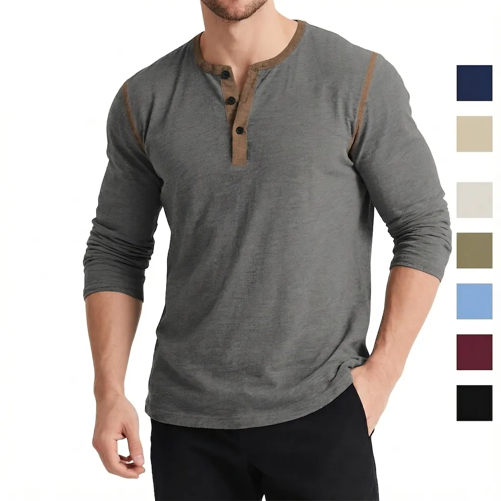 Men Retro Henley Shirt Color Block Long Sleeve Cotton Blend Triple Button Placket Casual Top Vintage Slim Fit Autumn Tee