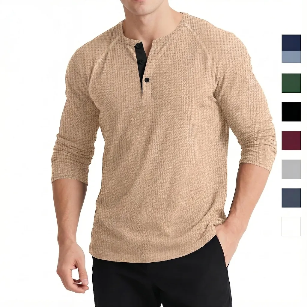 Men's Retro Waffle Knit Long Sleeve Henley Shirt Patchwork Casual Solid Color Top For Autumn Winter Comfort