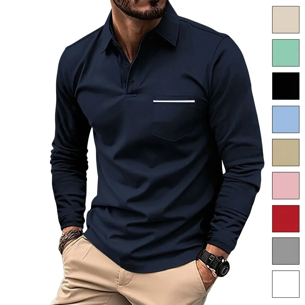Men Casual Long Sleeve Polo Shirt Button Pocket Top Polyester Cotton Blend Splicing Design Fashion Loose Fit Apparel