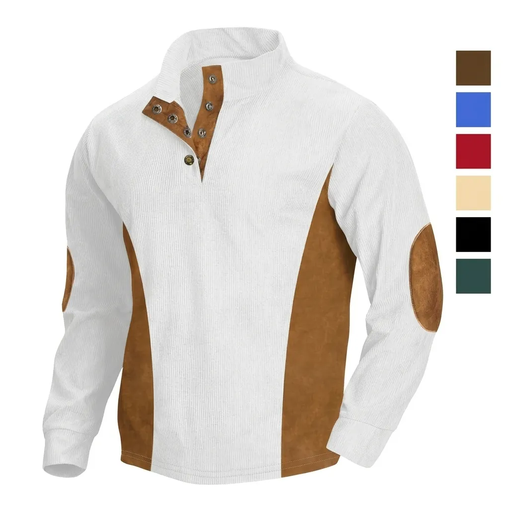 Sudadera de Pana Vintage para Hombre Patchwork Casual Cuello Alzado Manga Larga Camisa Henley Corte Holgado Top de Poliéster