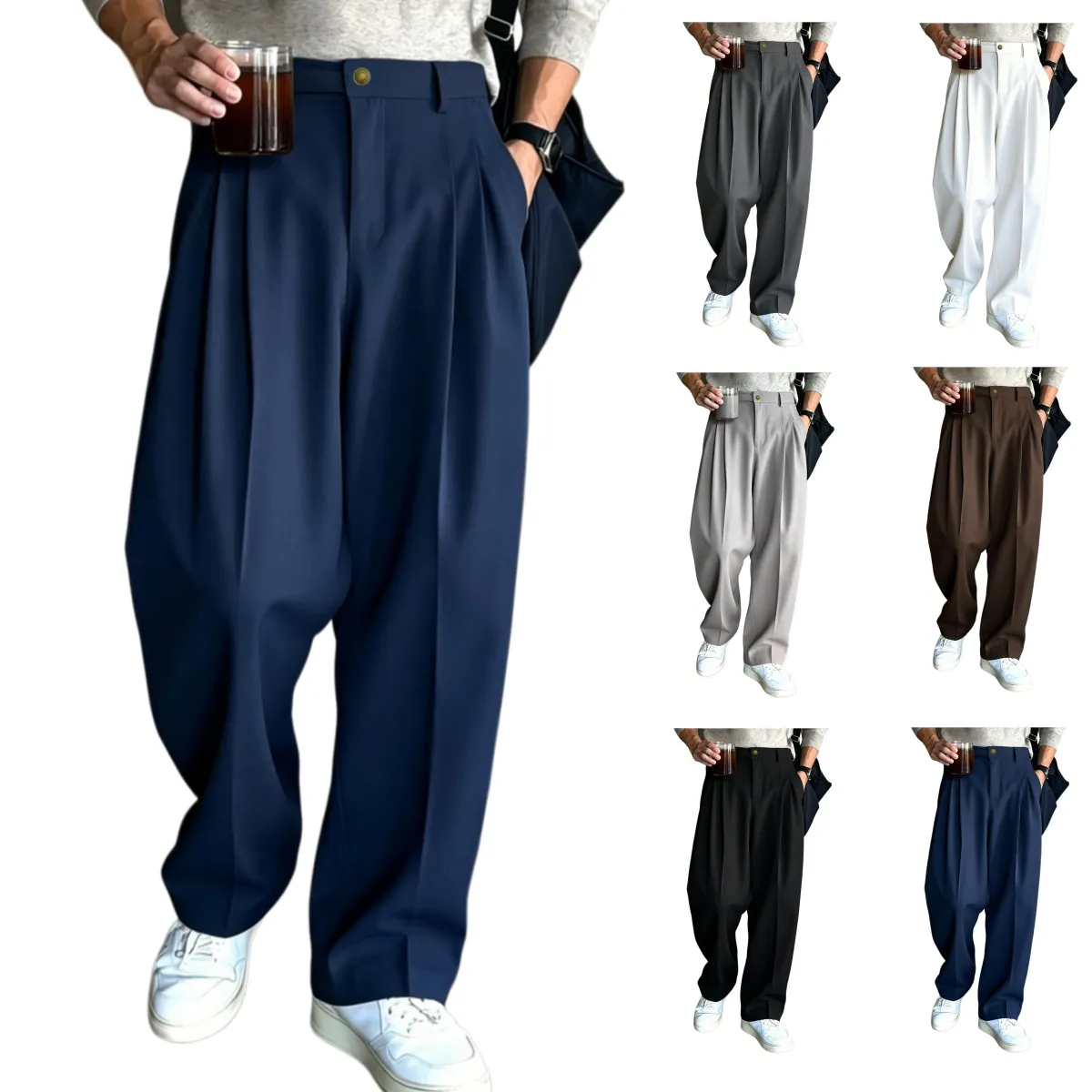Pantaloni da Uomo a Gamba Larga Dritti e Larghi Primavera Estate Misto Cotone Poliestere Pantaloni Casual Plissettati