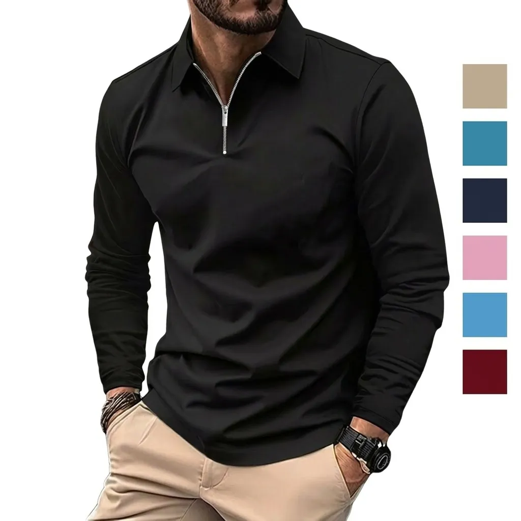 Herren Einfarbiges Langarm Polo-Shirt Lässig Viertelreißverschluss Pullover Tops Atmungsaktive Mode Polo Shirt Für Herren